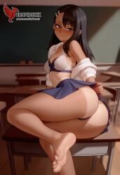 1girls 2d ai_generated areolae ass back bare_shoulders big_ass black_hair blue_eyes bra brown_eyes dark_skin dark_skinned_female day erophoenix female female_focus full_body hairclip hayase_nagatoro jewelry long_hair looking_at_viewer one-piece_tan panties patreon_username please_don't_bully_me,_nagatoro sitting skin_fang small_breasts smile solo tan tan_body tan_lines tanline thick thick_thighs uncensored underwear undressing