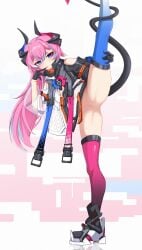 ass_visible_through_thighs black_gloves blue_eyes blue_thighhighs cleft_of_venus delta_(honkai_impact) dress female full_body gloves honkai_(series) honkai_impact_3rd horns kneepits long_hair long_sleeves looking_at_viewer no_panties pink_hair pink_thighhighs pussy rozaliya_olenyeva solo split standing standing_on_one_leg standing_split tail thick_eyebrows thighhighs white_background white_dress xiaosa123
