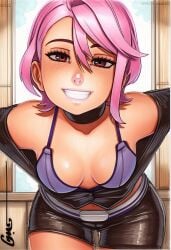 2025 ai_generated artist_name bare_shoulders blush breasts cleavage crazyfishbones female looking_at_viewer pink_hair short_hair smile solo
