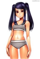 2025 ai_generated artist_name black_hair crazyfishbones female jill_stingray long_hair looking_at_viewer navel simple_background solo swimsuit twintails white_background