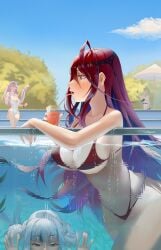 big_breasts bikini blue_hair breasts ceres_fauna colored_inner_hair elizabeth_rose_bloodflame female female_only gawr_gura hololive hololive_english hololive_english_-justice- light-skinned_female light_skin multicolored_hair nikatsun pool raora_panthera red_eyes red_hair swimwear very_long_hair virtual_youtuber