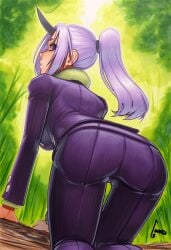 2025 ai_generated artist_name ass crazyfishbones female from_behind long_hair looking_at_viewer looking_back ponytail purple_eyes purple_hair shion_(tensei_shitara_slime_datta_ken) shion_(tensura) solo tensei_shitara_slime_datta_ken