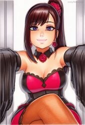 2025 ai_generated artist_name breasts brown_hair cleavage crazyfishbones earrings elin female hair_ornament jewelry long_hair ponytail solo