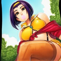 2025 ai_generated artist_name bikini breasts crazyfishbones day faye_valentine female green_eyes large_breasts purple_hair short_hair solo swimsuit