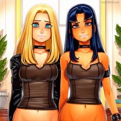 2025 2girls ai_generated artist_name black_canary blonde_hair blue_eyes blue_hair breasts choker crazyfishbones long_hair multiple_girls navel smile