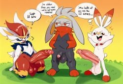 2025 3_toes absurd_res ai_generated anthro ball_size_difference balls big_balls big_penis blush cinderace comparing comparing_penis dialogue duo english_text erection feet foreskin fur generation_8_pokemon genitals glans grass group heart hellsonger hi_res huge_balls huge_cock humanoid_genitalia humanoid_penis hyper hyper_genitalia hyper_penis lagomorph long_penis male male/male mammal nintendo nude open_mouth penis penis_size_difference pokemon pokemon_(species) precum presenting_penis raboot red_balls red_body red_fur retracted_foreskin saggy_balls scorbunny small_but_hung smile text thick_penis thought_bubble toes uncircumcised vein veiny_penis white_body white_fur