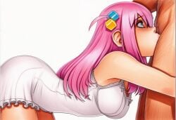 1boy 2025 ai_generated artist_name breasts crazyfishbones fellatio female gotoh_hitori_(octopus) hair_ornament long_hair oral penis pink_hair straight