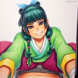 1boy 2025 ai_generated artist_name bangs blue_eyes blunt_bangs crazyfishbones female hair_bun long_hair looking_at_viewer maomao_(kusuriya_no_hitorigoto) smile straight
