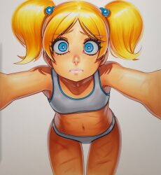 2025 ai_generated artist_name blonde_hair blue_eyes breasts bubbles_(ppg) crazyfishbones female hair_ornament looking_at_viewer navel solo twintails underwear
