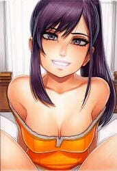 2025 ai_generated artist_name breasts cleavage collarbone crazyfishbones elin female long_hair looking_at_viewer purple_eyes purple_hair smile solo