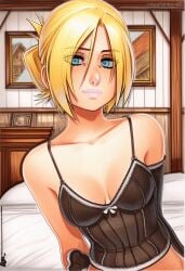 2025 ai_generated annie_leonhart artist_name bare_shoulders blonde_hair blue_eyes breasts cleavage collarbone crazyfishbones female looking_at_viewer short_hair solo
