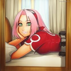 2025 ai_generated artist_name crazyfishbones female green_eyes long_hair lying naruto naruto_(series) pink_hair sakura_haruno smile solo