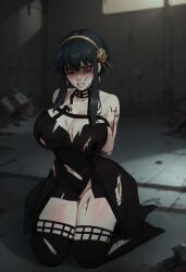 1girls abandoned_building ai_assisted ai_generated angry arms_behind_back bangs bare_shoulders black_dress black_hair black_legwear blood blood_on_face blurry_background blush bound bound_arms breasts bruise cleavage clenched_teeth clothed cuts damaged damaged_clothes defeated defeated_heroine dress female glowing_eyes hairband hikkaria huge_breasts humiliation imminent_rape injury kneeling mascara_tears nipples_peek nosebleed pussy_peek red_eyes ruined_makeup scratches shaded_face skindentation solo spy_x_family sweat teeth thighhighs thorn_princess torn_clothes torn_dress torn_legwear yor_briar yor_forger