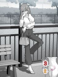 bag blush breasts commentary_request covering_own_mouth female highres kakuremino7928 large_breasts large_variant_set limited_palette long_hair neckerchief object_insertion original outdoors pants remote_control_vibrator sex_toy shirt standing standing_on_one_leg vaginal_object_insertion vaginal_penetration variant_set vibrator vibrator_under_clothes