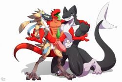 absurd_res anthro avian balls bere_nsfw big_penis bird black_body black_fur catshark double_penetration feathers fish fur gangbang genitals green_insides group group_sex hi_res lizard male male/male marine medium_penis penetration penis proot rebal(malicious) red_body red_skin reptile scalie sex shark slit_penis small_penis smooth_skin tech(zerodarktech) trio twill(towaispirit) yellow_body yellow_feathers