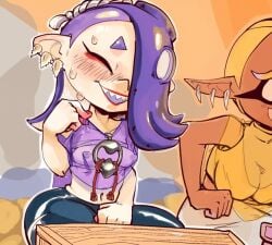 2girls box_chan breasts_visible_through_clothing frye_(splatoon) nervous nervous_smile shiver_(splatoon) splatoon sweating translucent_clothing