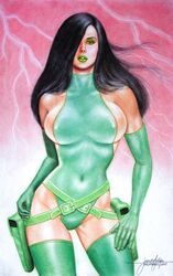 1girls 2011 avengers belt big_breasts black_hair breasts busty curvaceous curvy dated female female_only gloves green_belt green_eyeshadow green_gloves green_leotard green_lips green_lipstick hair_over_one_eye human jun_de_felipe large_breasts leotard lightning lightning_bolt long_hair madame_hydra marvel marvel_comics nipple_bulge nipples ophelia_sarkissian pinup pouch sideboob signature solo standing straight_hair supervillain thick_thighs thigh_boots thighs viper_(marvel) voluptuous