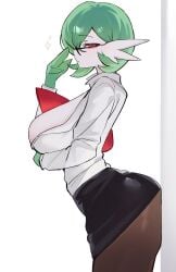 1girls anthro big_boobs big_breasts boobs breasts breasts_focus chunniwa cleavage clothed clothing collarbone female female_focus female_only gardevoir glasses green_hair large_boobs large_breasts nintendo office_lady pantyhose pokemon pokemon_(species) shirt skirt solo solo_female solo_focus thick_thighs thighs white_background white_shirt