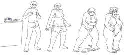 2017 absurd_res anthro big_breasts breast_growth breasts bulge closed_eyes clothed clothing eyewear female food gender_transformation glasses hair hand_on_stomach hi_res human human_to_anthro male mammal mature_female mtf_transformation nipples nude pie prurientpie pubes pussy sequence short_hair simple_background solo species_transformation standing surprise topless torn_clothing transformation ursid white_background