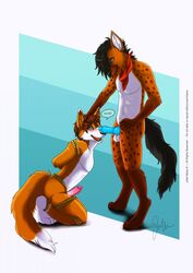 bondage bound canid canine fox furry gay hi_res hyaenid julietweiss kneeling luvini male male_only mammal menzo penis rope