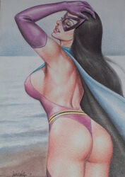 1girls 2011 ass beach big_ass big_breasts black_hair blue_cape blue_eyes blue_eyeshadow blue_sky breasts busty cape curvaceous curvy dat_ass dated dc dc_comics earth-2 earth2 earth_2 erect_nipples erect_nipples_under_clothes female female_only from_behind gloves hand_on_head helena_wayne human huntress_(dc) jun_de_felipe large_breasts leotard long_hair mask nipple_bulge nipples ocean pink_lips pink_lipstick pinup purple_gloves purple_leotard purple_mask purple_thighhighs sand sideboob signature solo superheroine thick_ass thighhighs voluptuous water