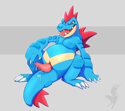 1boy absurd_res animal_genitalia anthro anthrofied belly big_ass big_belly blue_skin bodily_fluids chubby drooling erection feraligatr genital_fluids genital_slit hi_res male male_only nintendo no_nipples nude open_mouth penis pokémon_(species) pokemon pokemon_gsc precum saliva scalie slit smile solo tail tapering_penis teeth text thick_thighs tongue twistedhound video_games watermark wide_hips