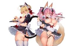 2girls animal_ears ass bell blonde_hair blush bow braids dress fate/grand_order fate_(series) food foxgirl fruit green_eyes long_hair multiple_girls nero_claudius_(fate) obiwan oerba_yun_fang panties photoshop pink_hair short_hair tail tamamo_no_mae_(fate) thighhighs twintails underwear white wink xin_(moehime) yellow_eyes