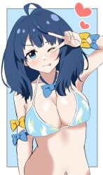 1girls female female_only pose posing busty big_breasts voluptuous arm_behind_back arm_up bikini blue_bikini breasts cleavage heart highres large_breasts looking_at_viewer make_heroine_ga_oo_sugiru! medium_hair one_eye_closed ribbon smile solo swimsuit tongue tongue_out v wink yanami_anna