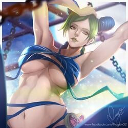 1girls armpits arms_up breasts deep_armpits female female_only green_hair jojo's_bizarre_adventure jolyne_kujo large_breasts magion02 navel nose ribbons sexy_armpits solo stone_ocean toned toned_female