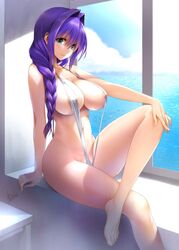 areola_slip areolae bangs barefoot blue_eyes blue_sky braid breasts cleavage closed_mouth cloud collarbone covered_nipples crossed_legs eyebrows_visible_through_hair female hair_between_eyes hair_intakes hair_over_shoulder hand_on_own_knee highres horizon kanon large_breasts legs lips long_hair looking_at_viewer mature minase_akiko mitarashi_kousei navel ocean purple_hair shiny shiny_hair sideboob signature single_braid sitting sky sling_bikini smile solo strap_gap swimsuit toes water white_swimsuit window windowsill