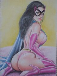 1girls ass big_ass big_breasts black_hair blue_cape blue_eyes blue_eyeshadow breasts busty cape curvaceous curvy dat_ass dc dc_comics earth-2 earth2 earth_2 female female_only from_behind gloves heels helena_wayne high_heels human huntress_(dc) jun_de_felipe large_breasts leotard long_hair mask pink_lips pink_lipstick pinup purple_gloves purple_heels purple_high_heels purple_leotard purple_mask purple_thighhighs sideboob solo superheroine thick_ass thighhighs voluptuous