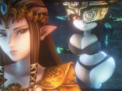 2girls 3d 3d_animation alternate_breast_size animated annoyed big_breasts bra breast_envy breasts brown_hair cleavage clothing female female_only floating front_view imp_midna mask midna no_sound nurico orange_hair panties princess_zelda shortstack showing_off smug the_legend_of_zelda thick_thighs twilight_princess video wide_hips zelda_(twilight_princess)
