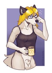 1futa 2019 5_fingers animal_genitalia animal_penis anthro balls beverage blonde_hair blue_eyes bottomless breasts canid canine canine_penis canis clothed clothing curvy eyewear flaccid fully_sheathed fur furry futa_only futanari giaru_(artist)_furaffinity glasses grey_fur hair hi_res holding_beverage holding_object intersex mammal medium_breasts penis penis_tip sarah_van_fiepland sheath shirt simple_background solo standing tank_top topwear url white_fur wolf