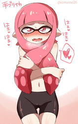 1girls bike_shorts blush covering covering_breasts domino_mask embarrassed enf eromame female heart inkling mask navel nintendo pink_eyes pink_hair pointy_ears solo splatoon spoken_heart sweatdrop tears tentacle tentacle_hair topless translation_request