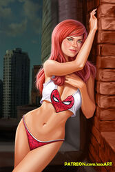 1girls celebrity cleavage crop_top curvy female female_only functionally_nude hair kirsten_dunst long_hair marvel marvel_comics mary_jane_watson midriff nipple_bulge outdoors panties red_hair rzhevskii shirt solo solo_female spider-man_(series) tank_top thong