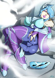 1girls ass big_breasts blue_hair breasts cameltoe cleavage erect_nipples female female_only frostblade_irelia fur_trim irelia_xan large_breasts league_of_legends looking_at_viewer mad-project pantylines purple_eyes snowdown_series solo winter_wonderland_series