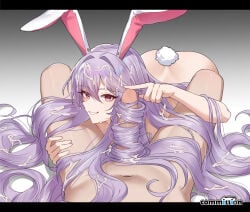 1boy 1girl animal_ears commentary cum cum_on_hair gradient_background hair_flowing_over hair_on_penis hairjob hand_on_another's_leg helandyck highres long_hair looking_at_viewer pov pov_crotch pov_legs purple_hair rabbit_ears rabbit_girl rabbit_tail red_eyes reisen_udongein_inaba smile tail touhou very_long_hair