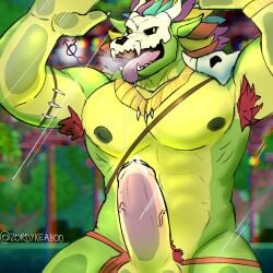 abs accessory anthro armpit_hair balls bara big_penis black_sclera bodily_fluids body_hair bone bone_mask bottomwear clothing cum erection facial_hair fangs feather_hair feathers gay genital_fluids genitals green_body green_scales humanoid_genitalia humanoid_penis jewelry leaking_cum lihzahrd lizard loincloth looking_at_viewer male male_only mask muscular muscular_anthro muscular_male nipples outside pecs penis plant pseudo_hair pubes reptile saliva scales scalie skull skull_accessory skull_mask solo teeth terraria tongue tongue_out tree witch_doctor_(terraria) yaoi yellow_body yellow_scales zordykeaboo