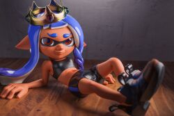 animal_humanoid anthro blue_hair braid breasts cappy_(inkling) cephalopod cephalopod_humanoid clothed_female clothing crown female freckles hi_res humanoid inkling inkling_girl looking_at_viewer maroon_eyes mask_(marking) navel nintendo piparkaq pixiv pointy_ears pseudo_hair shoes shorts small_breasts smile solo spats splatoon splatoon_(series) sports_bra squid tentacle tentacle_hair
