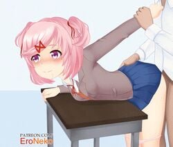 1boy 1girls ahe_gao ahegao ambiguous_penetration animated arm_behind_back arm_grab arm_held_back arm_support artist_name ass bent_over bent_over_table blue_skirt blush bottomless clothed_sex consensual desk doggy_style doki_doki_literature_club duo enjoying eroneko eyebrows_visible_through_hair female female_focus from_behind from_behind_position gif hair_ornament hair_ribbon hairclip happy happy_sex heart heart-shaped_pupils hearts light-skinned light-skinned_female light_skin long_sleeves looking_at_another looking_back looking_pleasured loop male natsuki_(doki_doki_literature_club) no_panties nopan open_mouth panties panties_around_legs panties_down panty_pull patreon patreon_username penetration petite pink_eyes pink_hair pink_panties pleasure_face pleated_skirt school_desk school_uniform sex short_hair short_twintails skirt smile standing table twintails web_address white_shirt