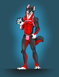 1boy bulge canid canine clothing fisis furry harness hi_res jock jockstrap looking_at_viewer male male_only mammal pink_underwear solo solo_male underwear undressing