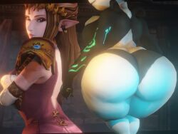 2girls 3d 3d_animation animated annoyed ass ass_envy ass_focus big_ass big_breasts bottom_heavy bra breasts brown_hair bubble_butt clothing fat_ass female female_only floating gluteal_fold huge_ass imp_midna large_ass massive_ass midna no_sound nurico panties princess_zelda rear_view shortstack showing_off smile the_legend_of_zelda thick_ass thick_thighs twilight_princess video wide_hips zelda_(twilight_princess)