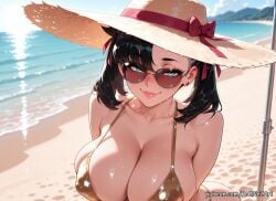 1girl 2026 ai_generated alternate_breast_size anime aqua_eyes areola_slip asymmetrical_bangs bangs bare_shoulders beach bikini black_hair blush boobs breasts cleavage collarbone covered_nipples crossover day earrings eye_contact female female_focus flushed hair_ribbon hat highres huge_breasts jewelry large_breasts lips looking_at_viewer looking_over_eyewear marnie_(pokemon) medium_hair nsfw ocean outdoors patreon patreon_username pigtails pokemon red_ribbon ribbon rognezart sand shiny shiny_skin skindentation sky smile smiling solo straw_hat sun_hat sunglasses sweat sweaty swimsuit tinted_eyewear twintails upper_body water web_address wet