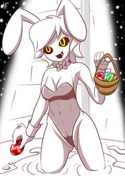 black_sclera breasts bunny_ears bunnysuit delirium_(the_binding_of_isaac) digital_media_(artwork) easter_egg female female_only glowing_eyes goo goo_creature goo_girl hips light medium_breasts playboy_bunny_leotard pole rule_63 short_hair single_female slime slime_girl the_binding_of_isaac unknownlewder white_hair white_skin yellow_eyes