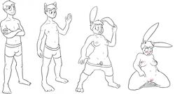 2016 anthro barefoot blush breasts crossed_arms female gender_transformation hair human human_to_anthro kneeling lagomorph leporid male mammal monochrome mtf_transformation nipples nude prurientpie pussy rabbit sequence shocked short_hair simple_background solo species_transformation standing thick_thighs transformation white_background