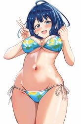 1girls female female_only pose posing busty big_breasts voluptuous sexy sensual toned child_bearing_hips ahoge bikini blue_bikini blue_eyes blue_hair breasts groin highres large_breasts make_heroine_ga_oo_sugiru! medium_hair multicolored_bikini navel nootomo open_mouth round_teeth side-tie_bikini_bottom smile solo swimsuit teeth upper_teeth_only v yanami_anna half-closed_eyes