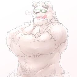 1:1 2019 anthro belly blush brown_fur closed_eyes eyewear fur glasses hi_res humanoid_hands male male_only mammal meimei_kia navel overweight overweight_male penis simple_background solo tokyo_afterschool_summoners tongue ursid video_games volos white_background