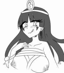 bandaged_chest bandages blunt_bangs breasts earrings facial_tattoo female first_porn_of_character fossilized_wonders highres jewelry key_earrings large_breasts long_hair looking_at_viewer michigami_nareko naughty_face smile solo takara_rose tattoo touhou