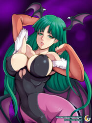 1girls abs arms_up bare_shoulders bat_wings bodysuit bridal_gauntlets capcom clothed clothing darkstalkers demon_girl elbow_gloves erect_nipples erect_nipples_under_clothes eye_contact female female_only gloves green_eyes green_hair half-closed_eyes head_wings huge_ass huge_breasts leotard long_hair looking_at_viewer medium_breasts mitgard-knight morrigan_aensland pose succubus text thick_thighs thin_waist url watermark wide_hips wings