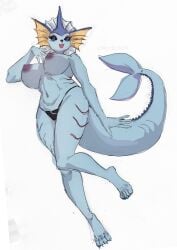 absurd_res anthro areola big_breasts biped blue_body blue_eyes breasts clothed clothing eeveelution female generation_1_pokemon hi_res lemonbizate_(artist) looking_at_viewer nintendo nipples panties pokemon pokemon_(species) simple_background smile solo tail text thick_thighs topless underwear vaporeon white_background